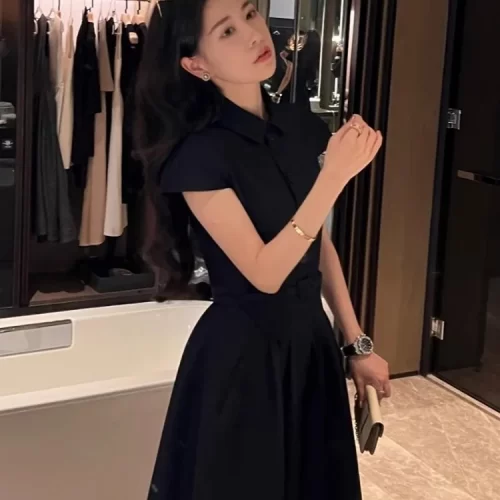 2024 Ladies fashion French dress Hepburn style commuter dress elegant solid color short sleeved umbrella skirt 5