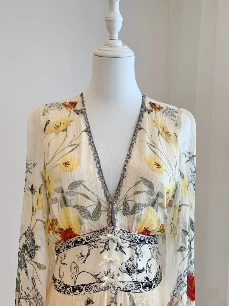 2024 New V neck Heavy Nail Beaded Green Flower Print Women s 100 Silk Dress Multi 1
