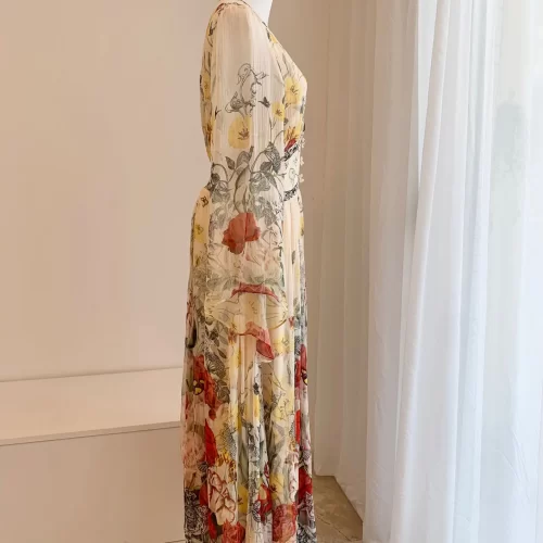 2024 New V neck Heavy Nail Beaded Green Flower Print Women s 100 Silk Dress Multi 3
