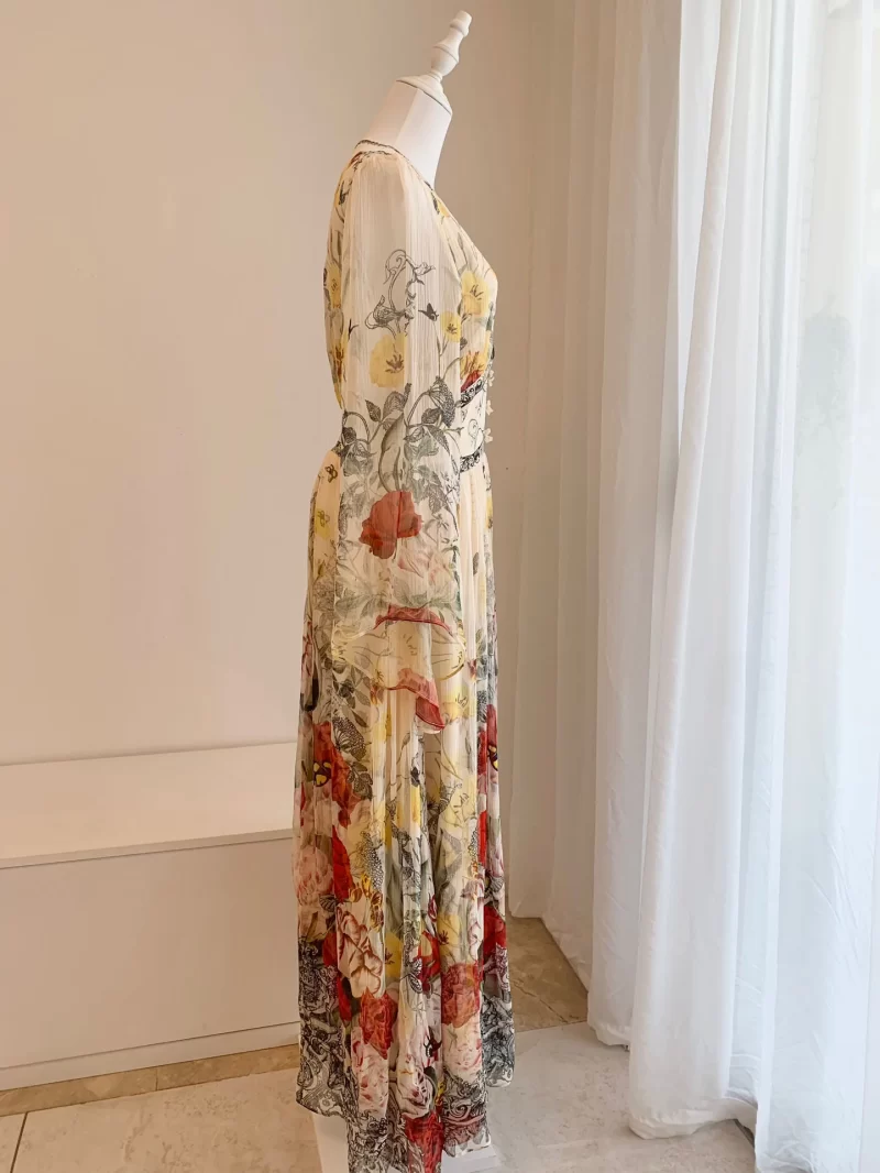 2024 New V neck Heavy Nail Beaded Green Flower Print Women s 100 Silk Dress Multi 3