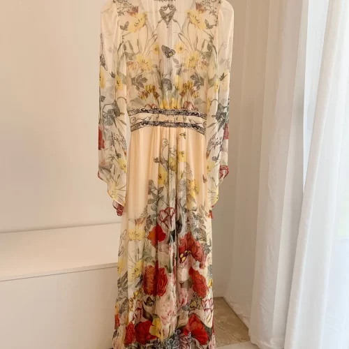 2024 New V neck Heavy Nail Beaded Green Flower Print Women s 100 Silk Dress Multi 5