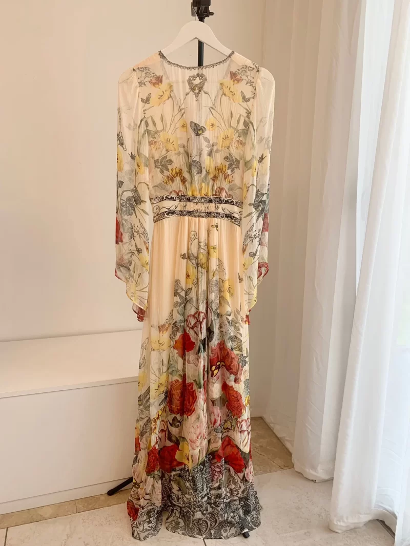 2024 New V neck Heavy Nail Beaded Green Flower Print Women s 100 Silk Dress Multi 5