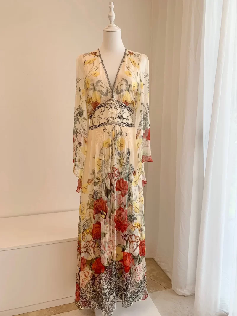 2024 New V neck Heavy Nail Beaded Green Flower Print Women s 100 Silk Dress Multi