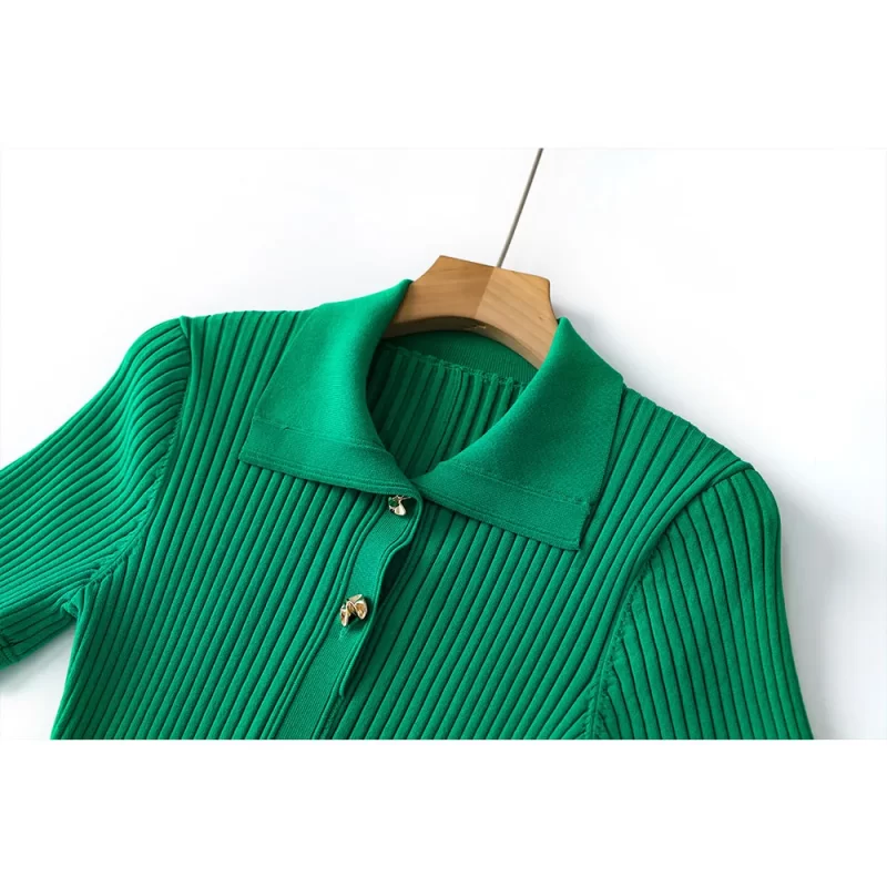 2024 Spring Summer French Style Women Knitted Short Sleeve Single breasted Polo Neck Ladies Fashion Maxi 1