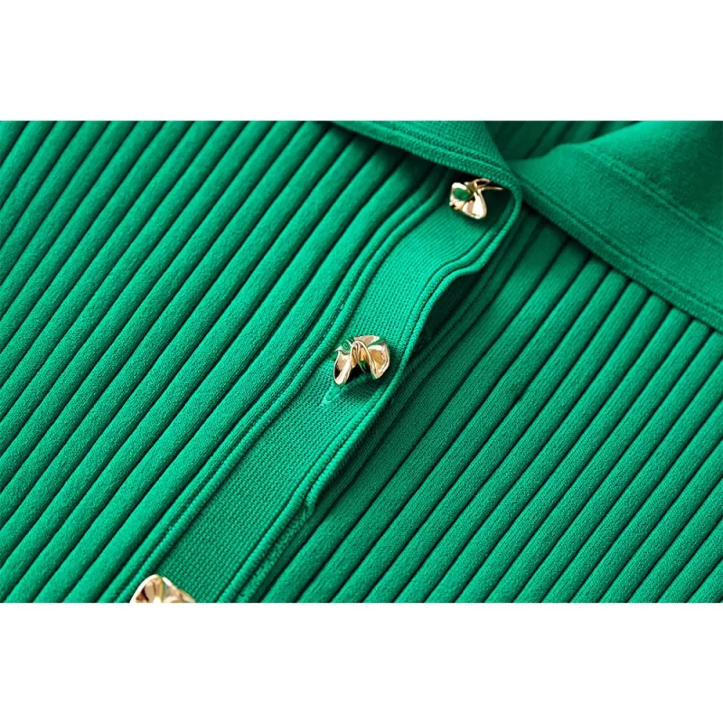 2024 Spring Summer French Style Women Knitted Short Sleeve Single breasted Polo Neck Ladies Fashion Maxi 2