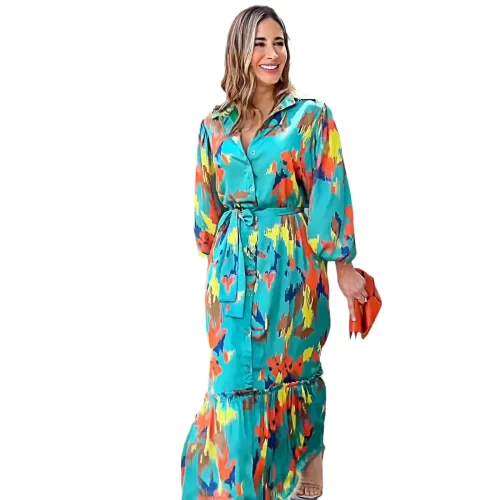 Autumn winter print style single breasted skirt with lapel 2