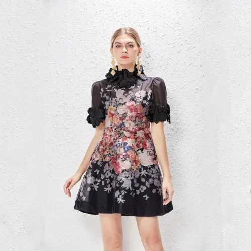 Brand Women Spring Summer 2024 Standing Collar Vacation Vintage 3D Flower Lace Up A Line Print 2
