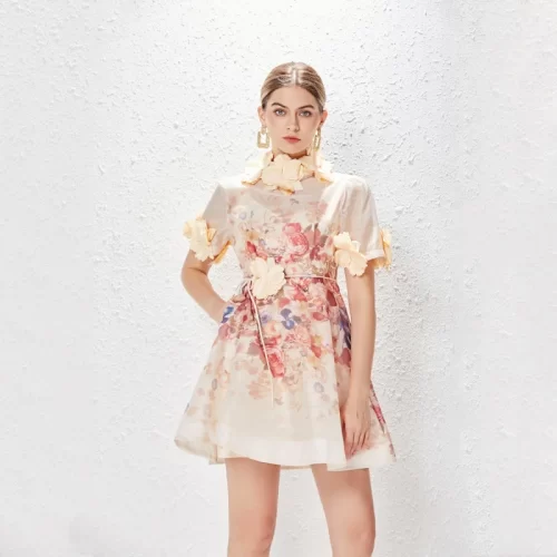 Brand Women Spring Summer 2024 Standing Collar Vacation Vintage 3D Flower Lace Up A Line Print 3