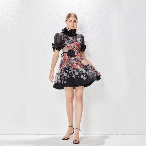 Brand Women Spring Summer 2024 Standing Collar Vacation Vintage 3D Flower Lace Up A Line Print 4