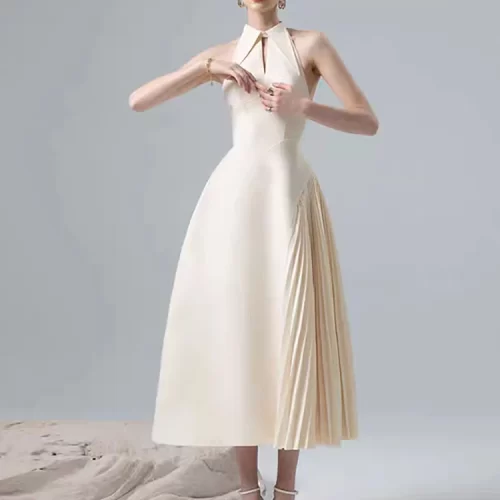 DEAT Women Fashion Dress Lapel Hollow Out Sleeveless Patchwork Pleated Waist Asymmetric Elegant Dresses Summer 2024 2