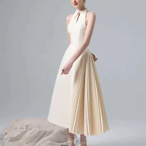 DEAT Women Fashion Dress Lapel Hollow Out Sleeveless Patchwork Pleated Waist Asymmetric Elegant Dresses Summer 2024 3