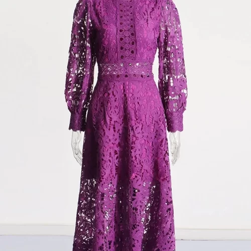 Doris Fanny Hollow Out Vintage Elegant Dress For Women Long Sleeve Lace High Waist Dresses Female 2