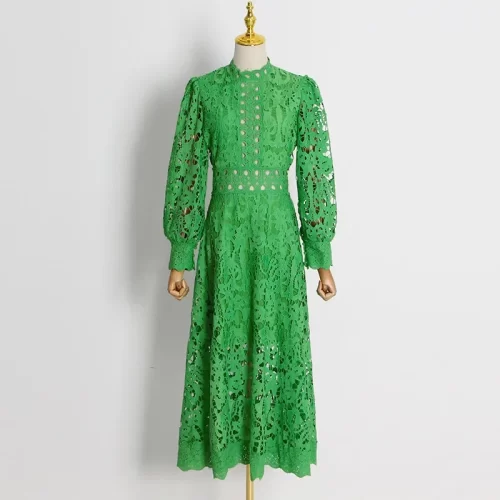 Doris Fanny Hollow Out Vintage Elegant Dress For Women Long Sleeve Lace High Waist Dresses Female 4