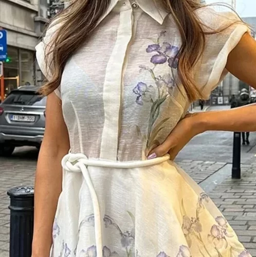 Elegant Style A Line Skirt for Women 2024 Short Sleeved Round Neck Small Clear Fresh Print 1