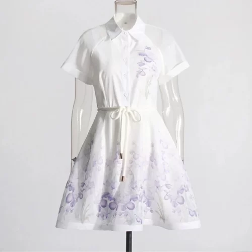 Elegant Style A Line Skirt for Women 2024 Short Sleeved Round Neck Small Clear Fresh Print 3