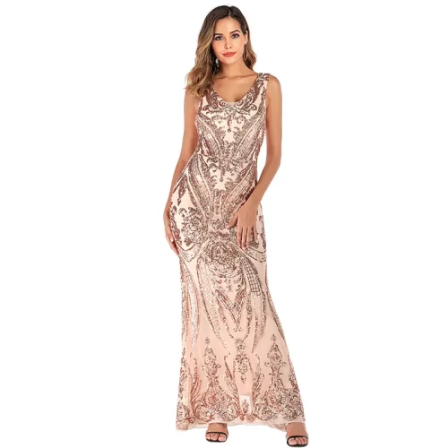 Europe and America sexy V neck stretch sequin dress evening temperament fishtail long dress evening dress 3