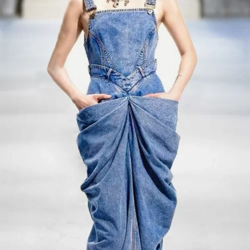 Fashion Buckle Sleeveless Ruched Design Denim Maxi Dress Vintage Elegant Bodycon Party Casual Straight Dress for 2