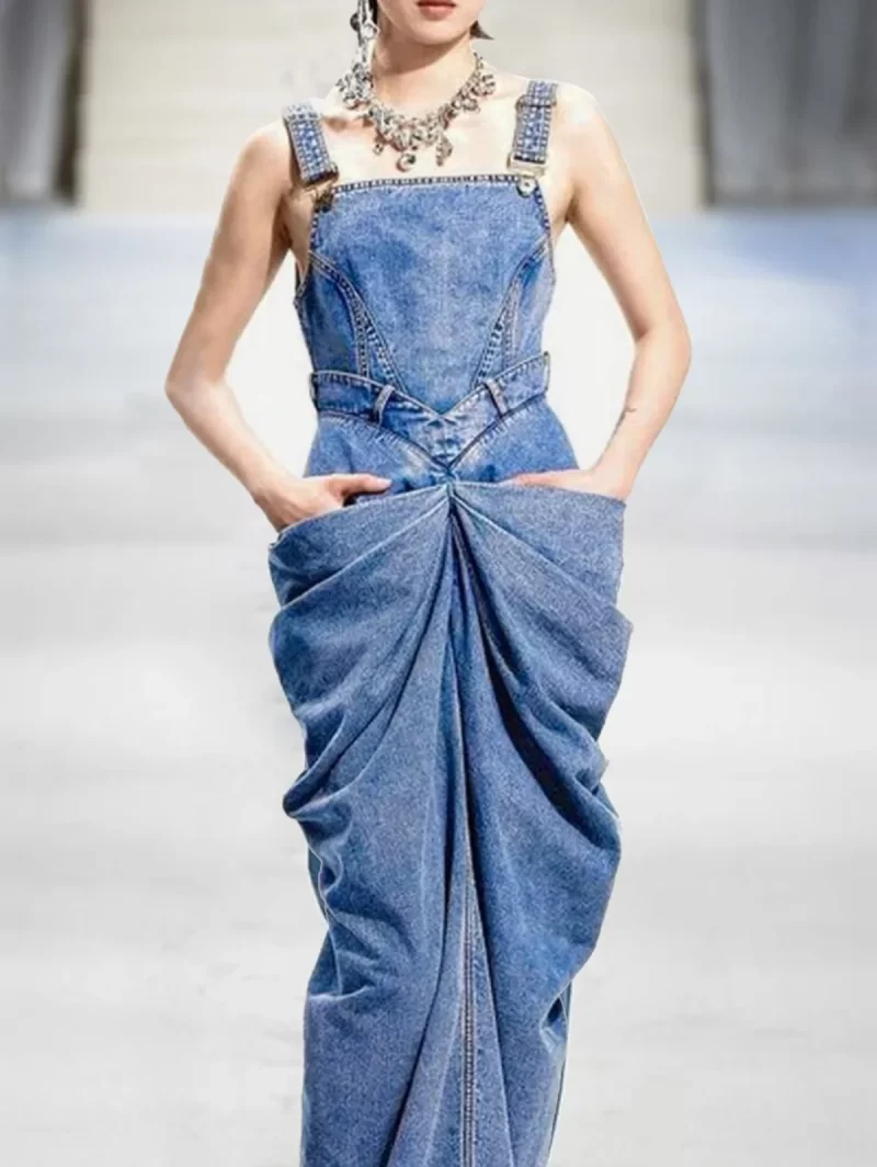 Fashion Buckle Sleeveless Ruched Design Denim Maxi Dress Vintage Elegant Bodycon Party Casual Straight Dress for 2