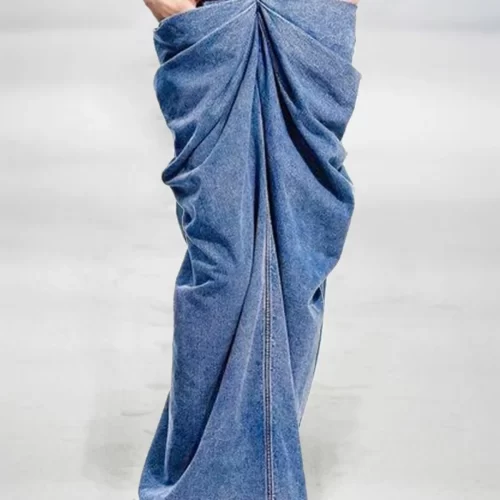Fashion Buckle Sleeveless Ruched Design Denim Maxi Dress Vintage Elegant Bodycon Party Casual Straight Dress for 3