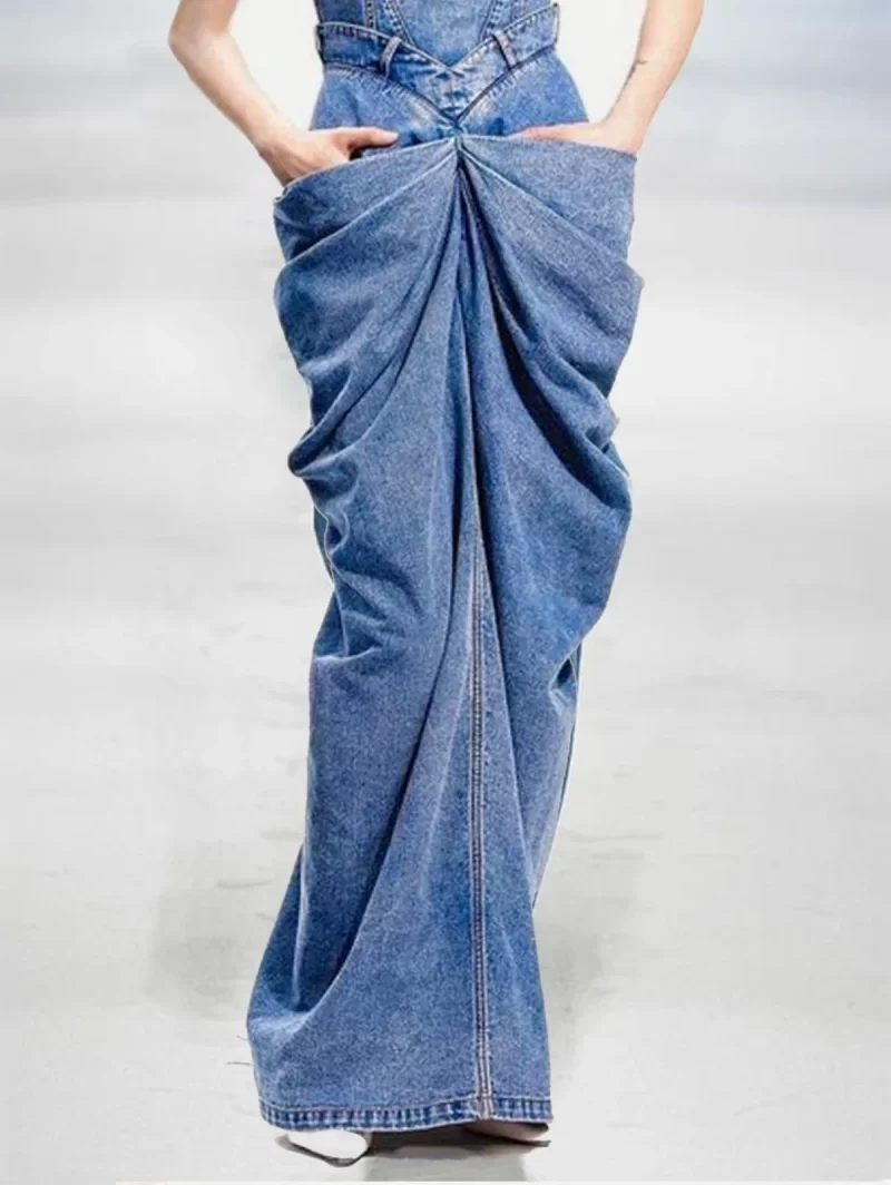 Fashion Buckle Sleeveless Ruched Design Denim Maxi Dress Vintage Elegant Bodycon Party Casual Straight Dress for 3