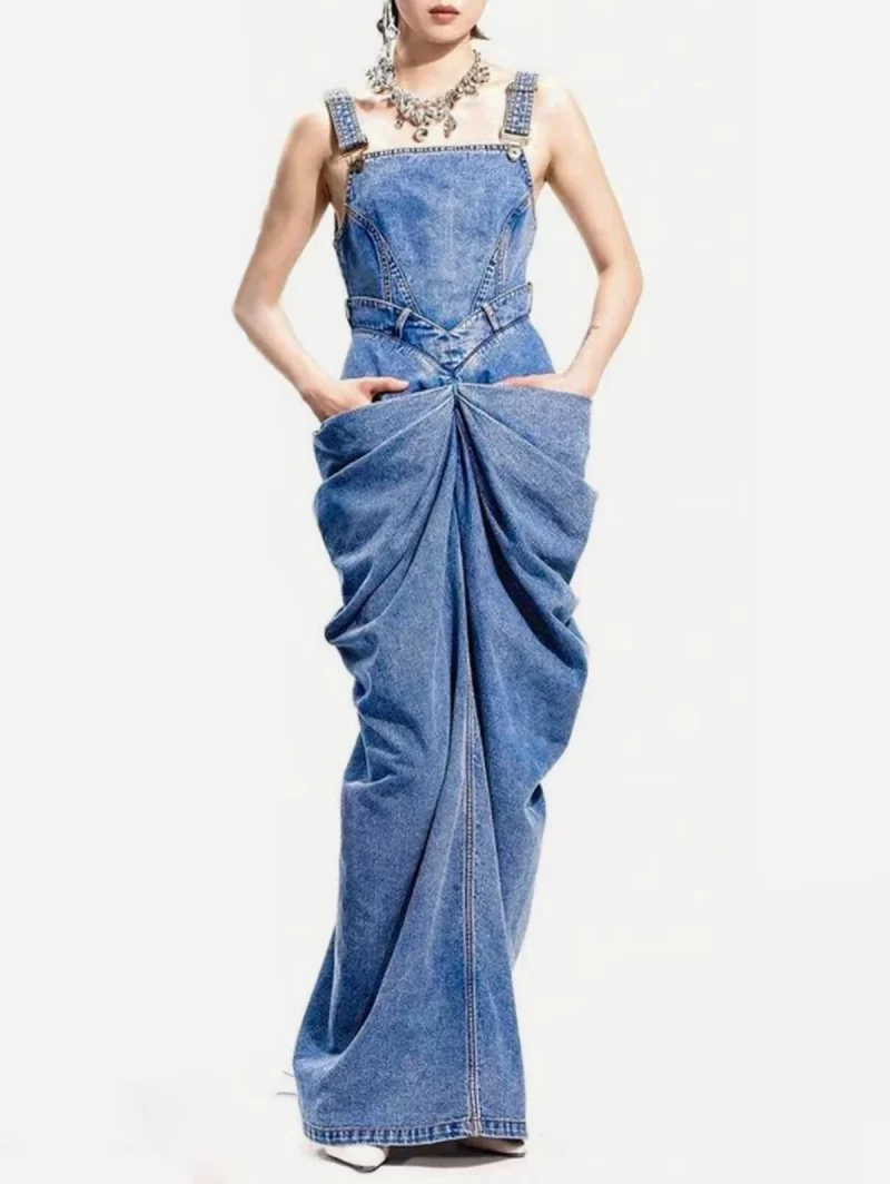 Fashion Buckle Sleeveless Ruched Design Denim Maxi Dress Vintage Elegant Bodycon Party Casual Straight Dress for