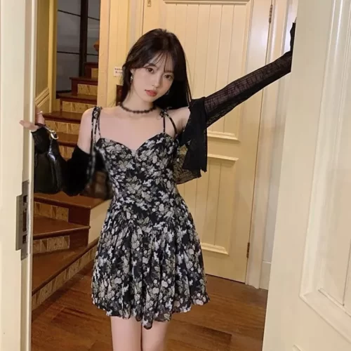 Fashion Flower Print Mesh Slip Dress Summer Spaghetti Strap Vacation Midi Dress Beach Vestidos Party Dress 3