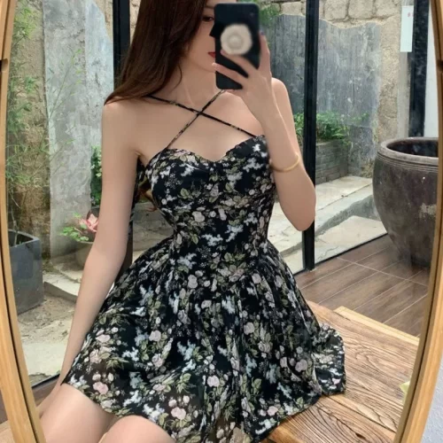 Fashion Flower Print Mesh Slip Dress Summer Spaghetti Strap Vacation Midi Dress Beach Vestidos Party Dress 4