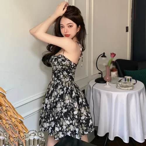 Fashion Flower Print Mesh Slip Dress Summer Spaghetti Strap Vacation Midi Dress Beach Vestidos Party Dress 5