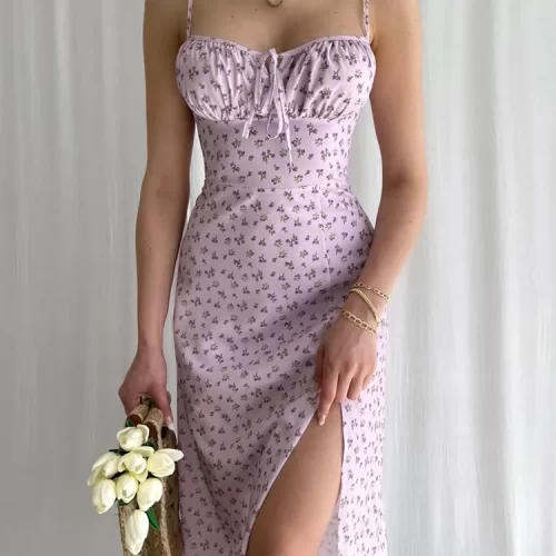 Hugcitar 2023 Sleeveless Satin Slip Floral Ruched Bandage Cut Out Maxi Dress Summer Women Fashion Sexy 4