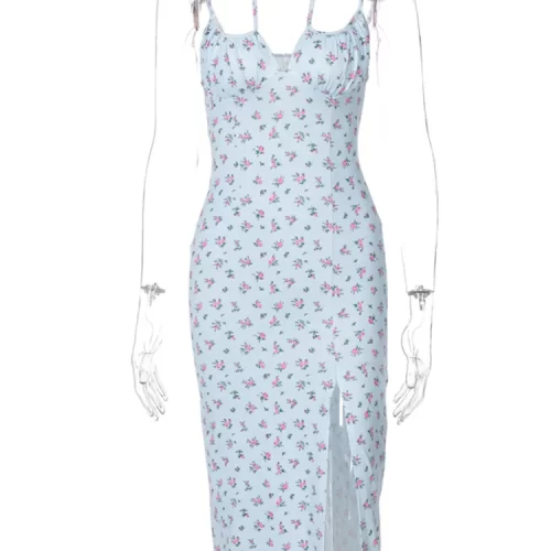 Hugcitar 2023 Sleeveless Satin Slip Floral Ruched Bandage Cut Out Maxi Dress Summer Women Fashion Sexy 5