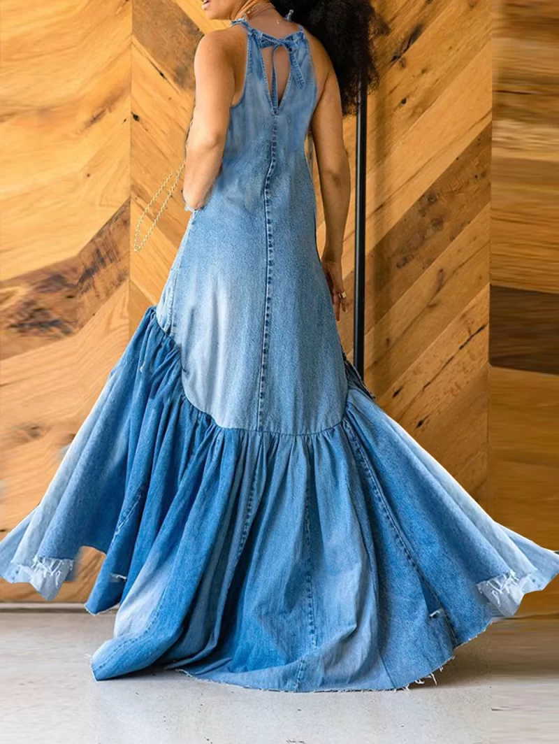 PLUS SIZE Fashion Denim Long Dress Sexy Women Bow Halter Swing Sundress Holiday Sleeveless Robe Casual 1