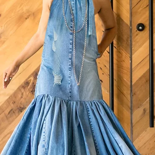 PLUS SIZE Fashion Denim Long Dress Sexy Women Bow Halter Swing Sundress Holiday Sleeveless Robe Casual 2