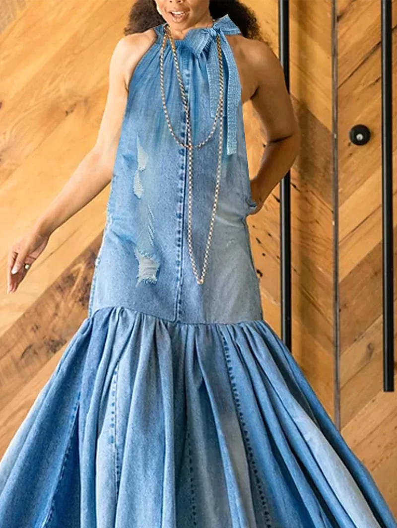 PLUS SIZE Fashion Denim Long Dress Sexy Women Bow Halter Swing Sundress Holiday Sleeveless Robe Casual 2