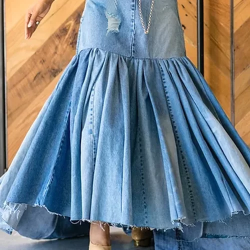 PLUS SIZE Fashion Denim Long Dress Sexy Women Bow Halter Swing Sundress Holiday Sleeveless Robe Casual 3