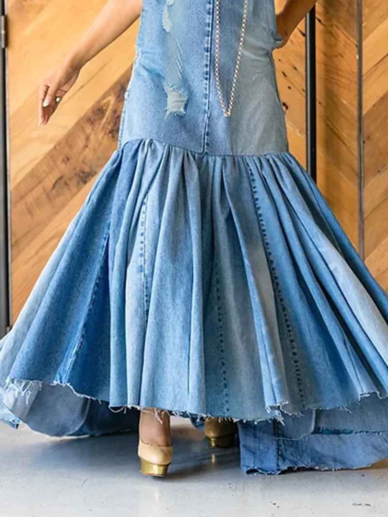 PLUS SIZE Fashion Denim Long Dress Sexy Women Bow Halter Swing Sundress Holiday Sleeveless Robe Casual 3
