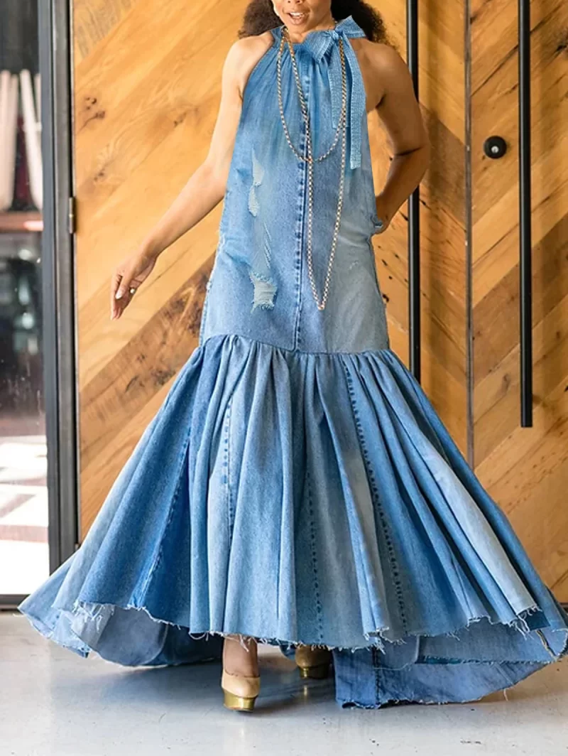 PLUS SIZE Fashion Denim Long Dress Sexy Women Bow Halter Swing Sundress Holiday Sleeveless Robe Casual