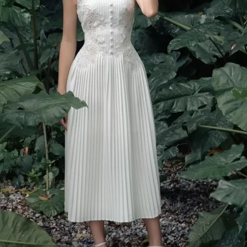 SMTHMA Women 2024 New Fashion White Sleeveless Summer Dress Ladies Lace Rose Embroidery Flower Elegant Long 3
