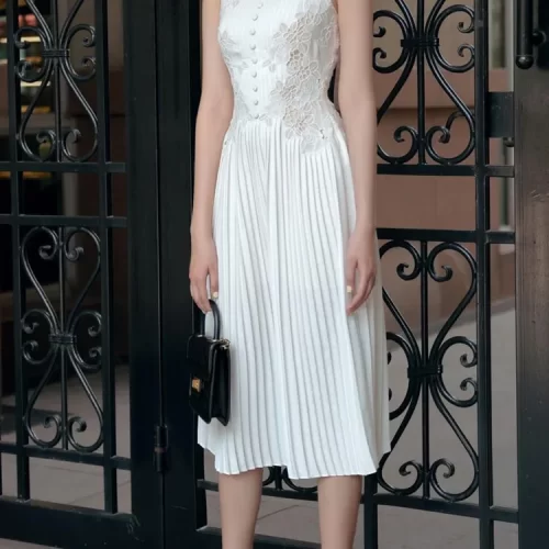 SMTHMA Women 2024 New Fashion White Sleeveless Summer Dress Ladies Lace Rose Embroidery Flower Elegant Long 4