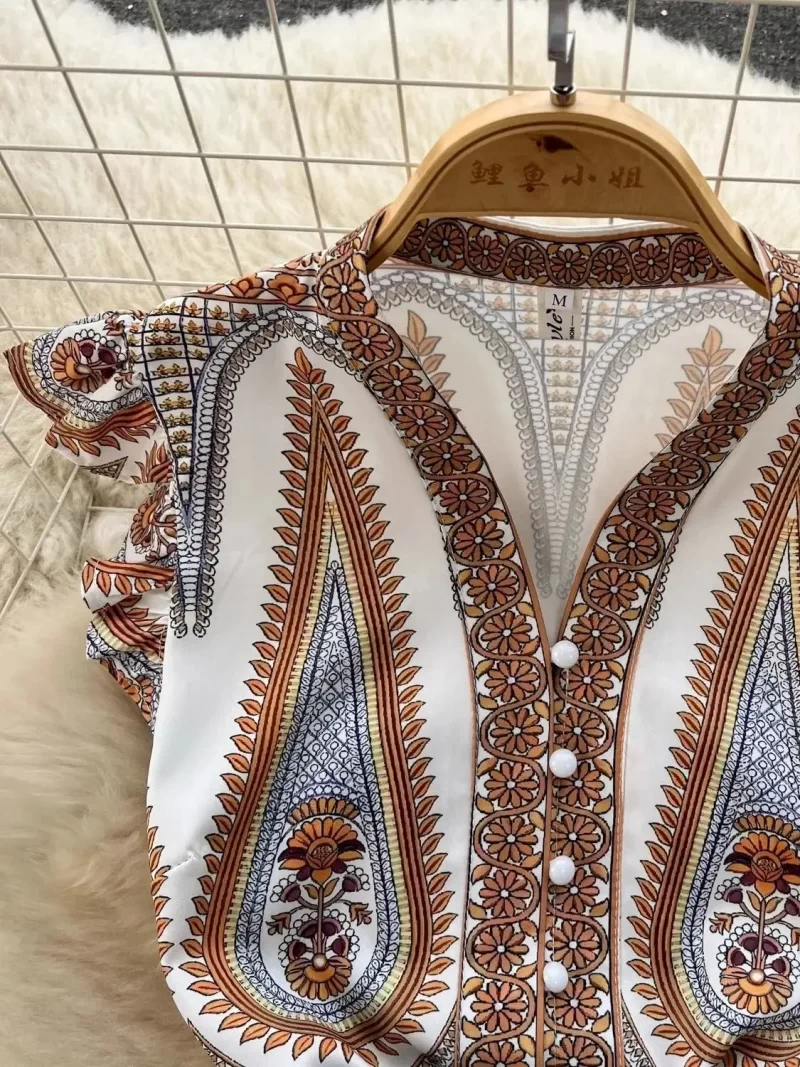 Summer Fashion Paisley Maxi Dress Female Flying Sleeve V Neck Bohemian Single Breasted Slim Waistband Belt 4