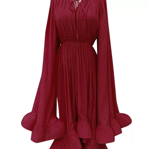 TWOTWINSTYLE Minimalist Dresses For Women V Neck Cloak Sleeve High Waist Ruffles Irregular Summer Dress Female 3