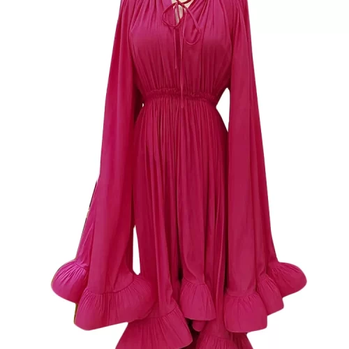 TWOTWINSTYLE Minimalist Dresses For Women V Neck Cloak Sleeve High Waist Ruffles Irregular Summer Dress Female 5